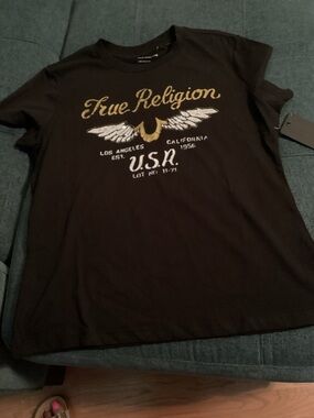 True Religion Black Tee with Gold Script Logo & Sparkling Wings